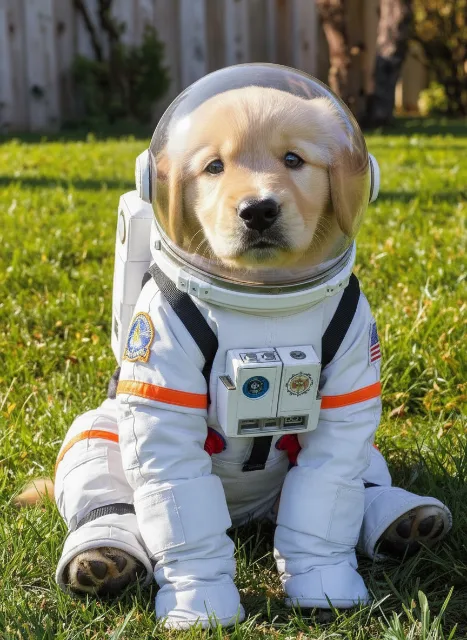 Dress the puppy in an astronaut's suit