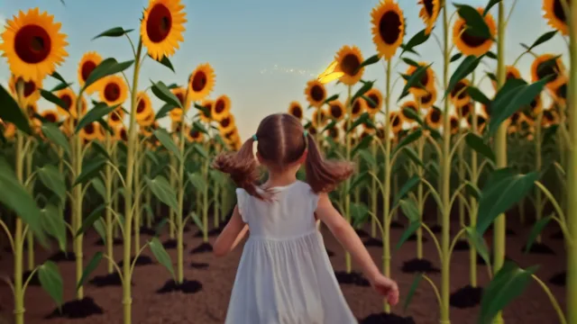 A little girl chases a glowing golden butterfly through a field of sunflowers t…