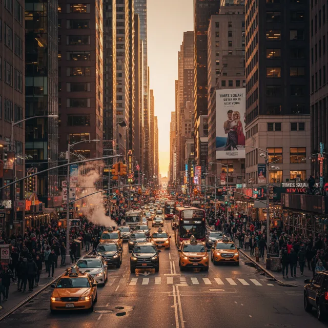 A bustling New York street at sunset, golden light reflecting on skyscrapers, c…