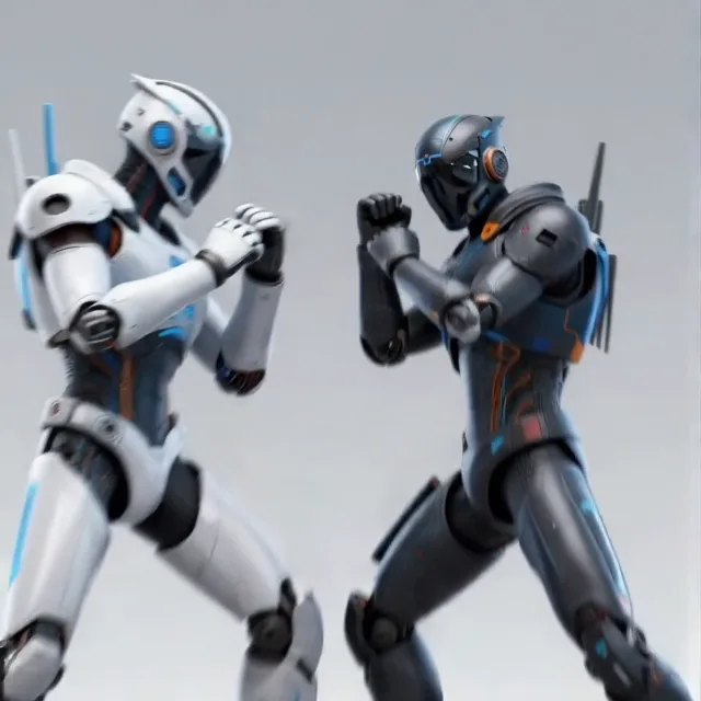 Two futuristic robots engage in intense hand-to-hand combat. The white robot th…