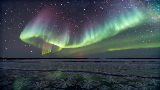 A time-lapse of the aurora borealis rippling over a frozen tundra, camera slowl…