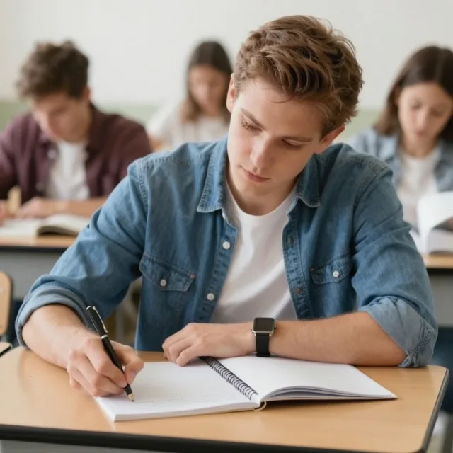 The young man in the denim shirt focuses intently on his notebook, his right ha…