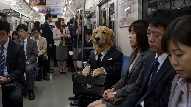 A golden retriever in a tiny suit rides a crowded Tokyo subway, holding a brief…