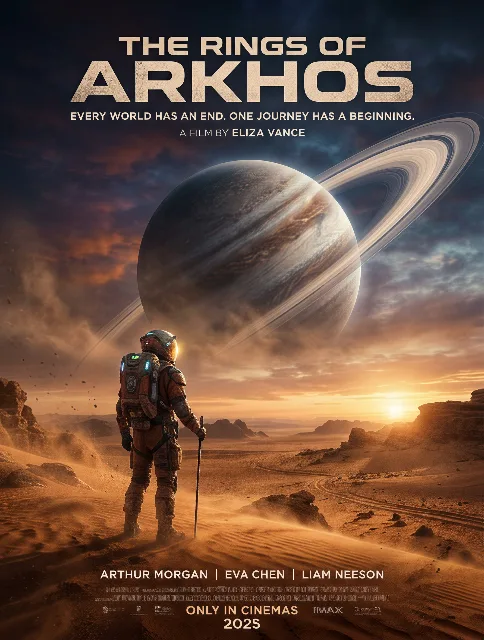 an epic sci-fi movie poster, a lone astronaut standing on a vast desert planet,…