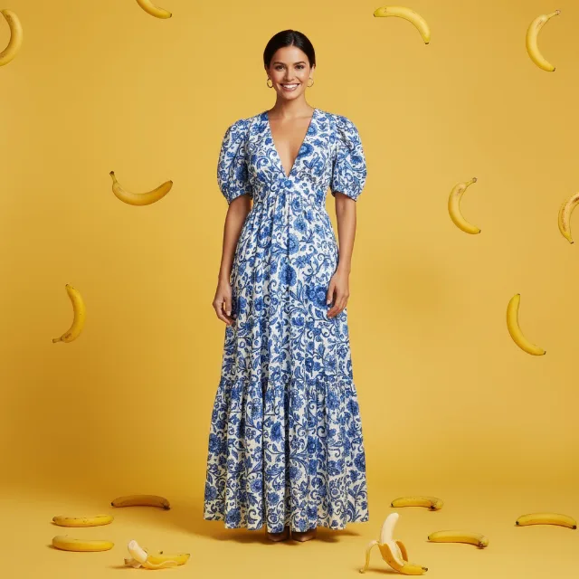 Create a professional e-commerce fashion photo. Select the blue floral dress fr…