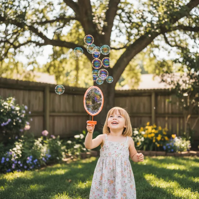A little girl blowing soap bubbles in a backyard, sunlight making rainbow color…