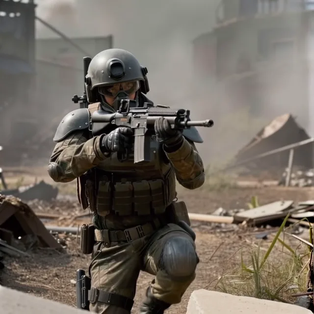 The soldier moves from a static position, raising his rifle into a ready-to-fir…