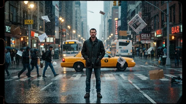 a man standing in the middle of a busy city street while everything around him…