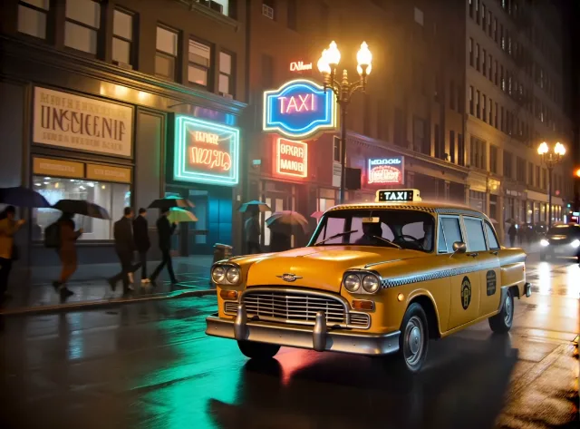 A retro taxi driving slowly on a rainy New York street at night, neon lights re…