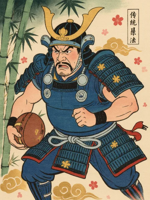 A powerful sumo-built samurai warrior running through a bamboo forest carrying…