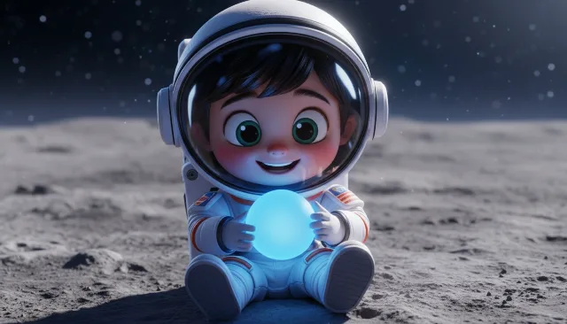 Change the background to the moon, and the boy is holding a round ball in his h…