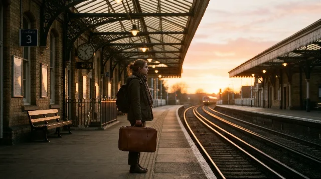 a quiet train platform at sunset, golden sunlight streaming through the station…