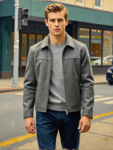 A young man with swept-back golden hair and angular jawline striding through a…