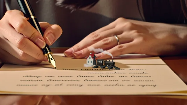 A woman sits at a café table writing a letter. As each word flows from her pen,…