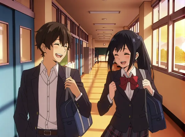 Gentle 2D slice of life anime. Students laughing and walking down a school hall…