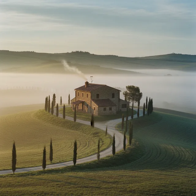 A breathtaking, National Geographic style photograph of a rustic stone farmhous…