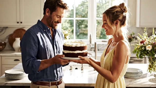The woman eats the cake