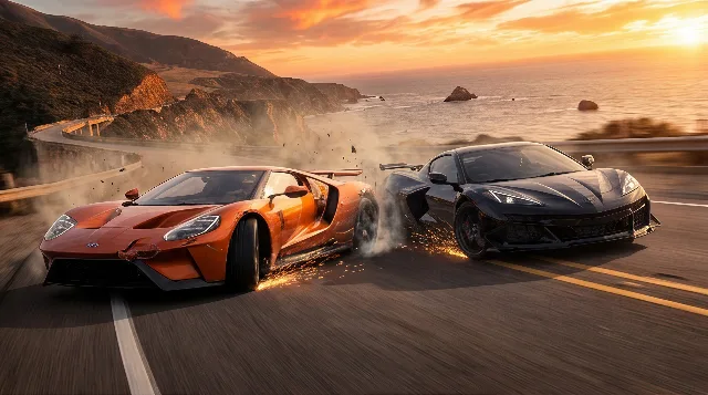 Replace the vehicle on the right with a black sports car.
