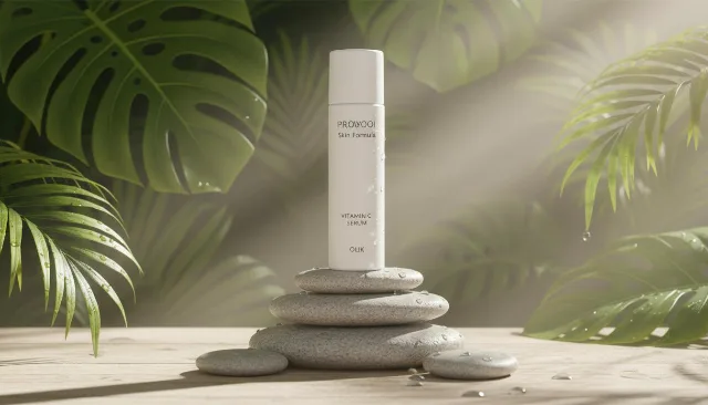 A natural spa-inspired skincare ad featuring Skin Formula Vitamin C Serum bottl…