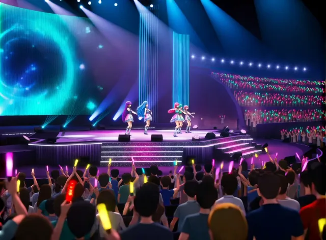 Vibrant 3D anime idol concert. A group of female idols dancing and singing on a…